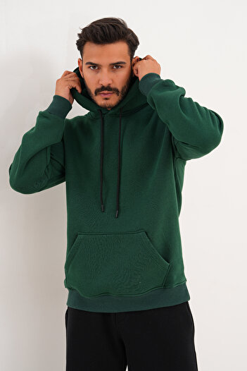 BigBrossBoutique Men's Dark Green 3 Thread Basic Standard Fit Kangaroo Pocket Hooded Sweatshirt