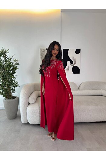 VİVİ Elegant red dress decorated with pearls and stones and a flowing cape
