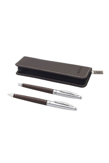 BALMAIN Pen + rollerball set in brown case, eco-leather