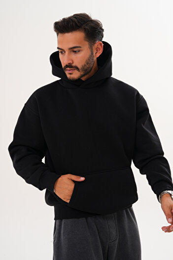 BigBrossBoutique Men's Black 3 Thread Basic Oversize Kangaroo Pocket Hooded Sweatshirt
