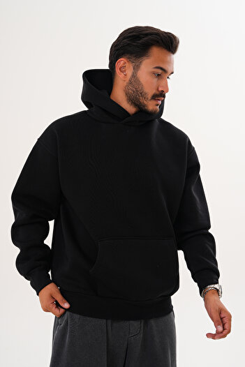 BigBrossBoutique Men's Black 3 Thread Basic Oversize Kangaroo Pocket Hooded Sweatshirt