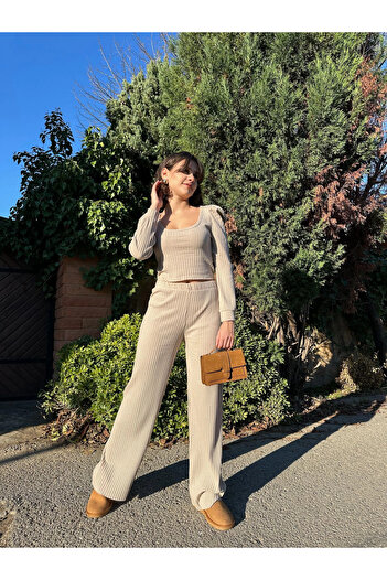 Osso Fashion Ribbed Princess Sleeve Top Set Beige