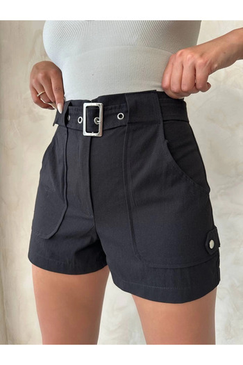 agishop Belt Detail Gabardine Shorts Black S25289