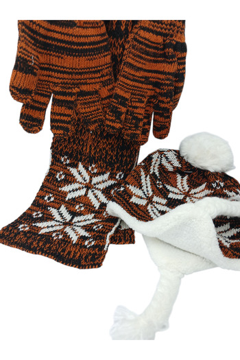 Mustran Children's Scarf, Beanie, Gloves Set of 3 Unisex Waiter Pom-Pom Furry Drawstring Knitwear Winter Gift