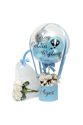 UB Mavi Yenidoğan Ayıcıklı Erkek Bebek Balon Kutusu & Çantada Solmayan Güller Anne Bebek Set