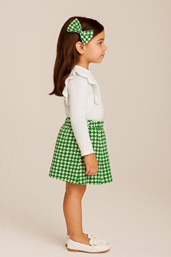 AKİF GİYİM Baby Girl & Child Heart Ruffled Badi Houndstooth Skirt Bandana Set