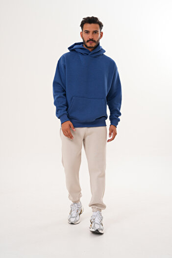 BigBrossBoutique Men's Indigo Blue 3 Thread Basic Oversize Kangaroo Pocket Hooded Sweatshirt