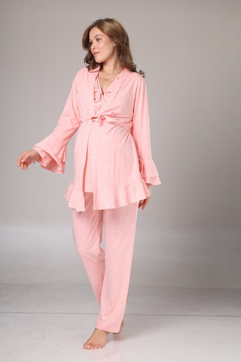 Lohussa Women's Pink Melange Flared Long Sleeve Winter Special Design Maternity Pajama Set