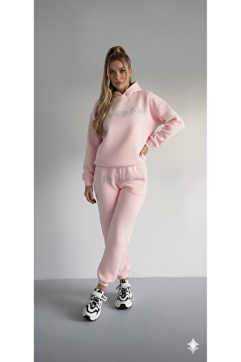 dwnwear Women's Stone Printed Top and Bottom Tracksuit Set Winter 3 Thread Thick