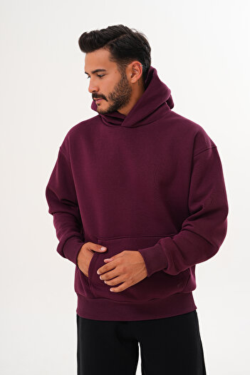 BigBrossBoutique Men's Burgundy 3 Thread Basic Oversize Kangaroo Pocket Hooded Sweatshirt