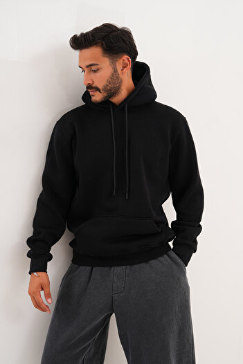 BigBrossBoutique Men's Black 3 Thread Basic Standard Fit Kangaroo Pocket Hooded Sweatshirt