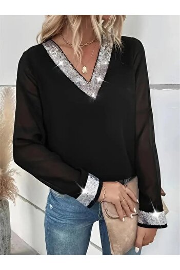 ARONA Eyesof Women's Long Sleeve V Sequin Collar Imported Crepe Blouse