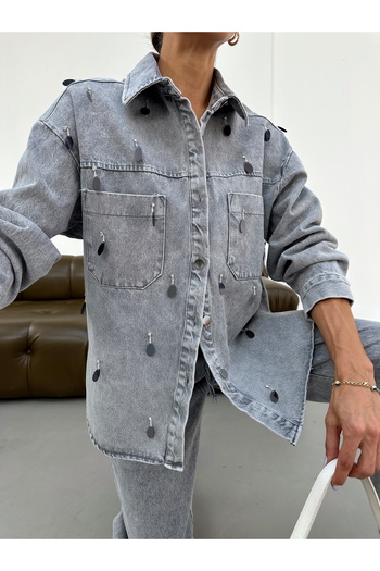 MİA NOURA Women's Front Hand-Embroidered Denim Fabric Shirt