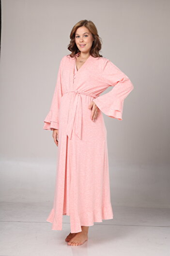 Lohussa Women's Pink Flared Long Sleeve Full Length Winter Special Design Maternity Dressing Gown Nightgown Set