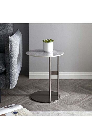 Generic Homzmart Side Table Iron and Marble Gray and White - 35×35×55cm