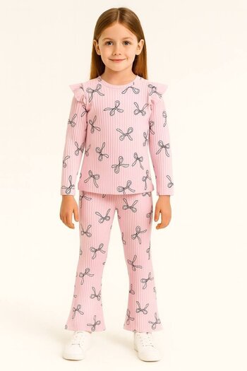 KANKA BENİGİY Girl's Pink Ribbon Ribbed Long Suit