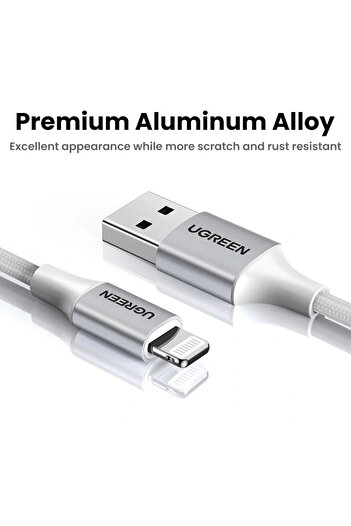 Ugreen Lıghtnıng To Usb-a Örgülü Mfi Sertifikalı İphone Hızlı Şarj Kablosu 2 Metre Gümüş 60163