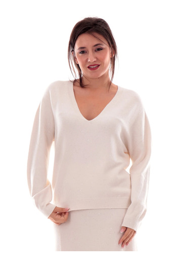 Liu Jo Women's Comfortable Fit V-Neck Long Sleeve Shiny Detailed Ecru Sweater Mf5233Ma27R-W9167