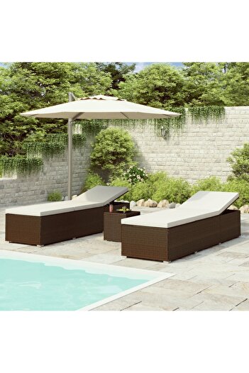 vidaxl 3 Piece Garden Sun Loungers with Tea Table Poly Rattan Brown