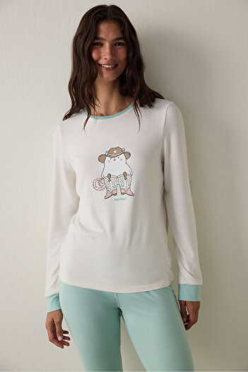 Penti Gardenya Sleep-In Slogan Printed Crew Neck Long Sleeve Pajama Set