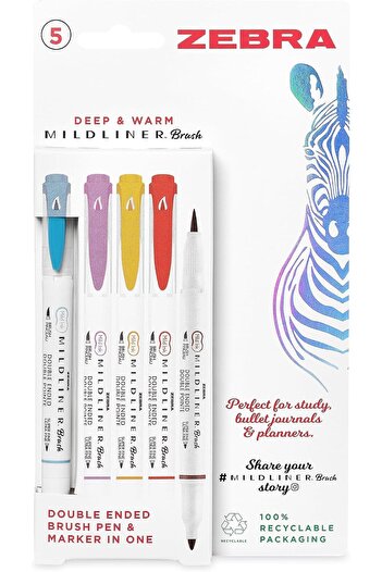 Zebra Pen Mildliner Double Ended Brush Pen, Brush and Point Tips, Assorted Deep and Warm Ink Colours