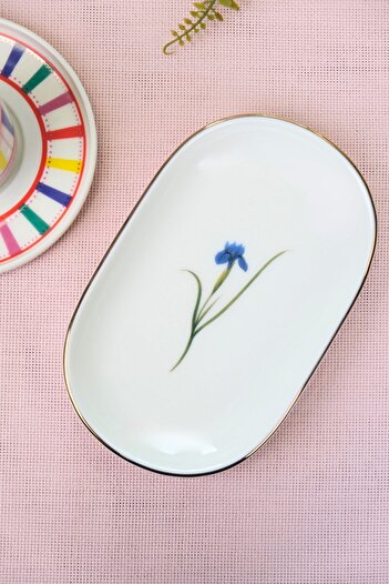 tabakevi Tabak Evi Porselen Natura İris Altın Yaldızlı Oval Kayık Tabak 18x11x2,50cm Tekli