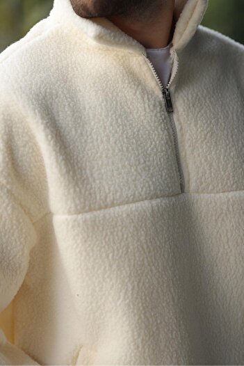 Madmext Ecru Half Zipper Stand Collar Fleece Sweatshirt E7165