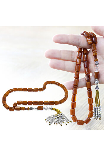 Tesbihane Stick Crimped Amber Prayer Beads - Ottoman Palace Tassels - Honey Color - Capsule Cut