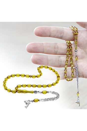 Tesbihane Fire Amber Prayer Beads - Non-Tarnish Metal Tassel - Wrist Length - Yellow Color - Barley Cut