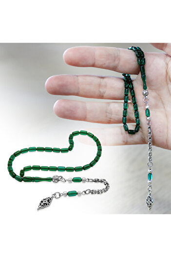 Tesbihane Fire Amber Prayer Beads - Non-Tarnish Metal with Albanian Tassels - Wrist Length - Green Color - Capsule Cut