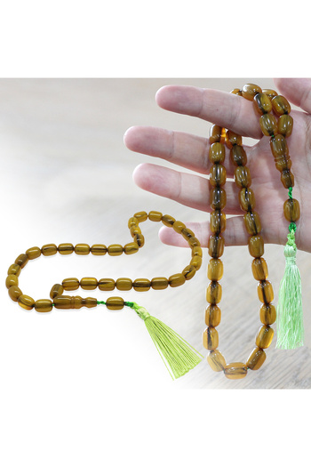Tesbihane Ottoman Palace Tassel Rod Crimped Amber Prayer Beads Maxi Size Maroon Yellow Capsule Cut