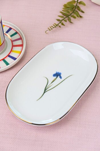 tabakevi Tabak Evi Porselen Natura İris Altın Yaldızlı Oval Kayık Tabak 18x11x2,50cm Tekli