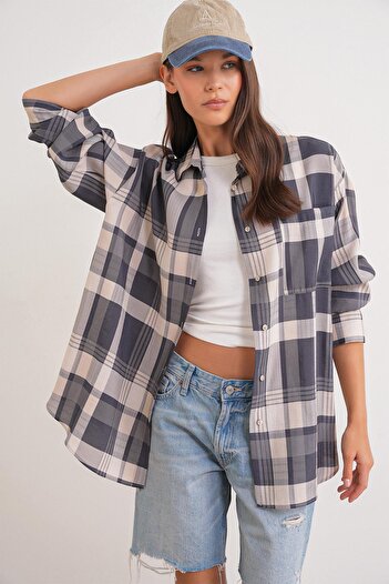 Mixray 4752 Women's Oversize Plaid Shirt Anthracite