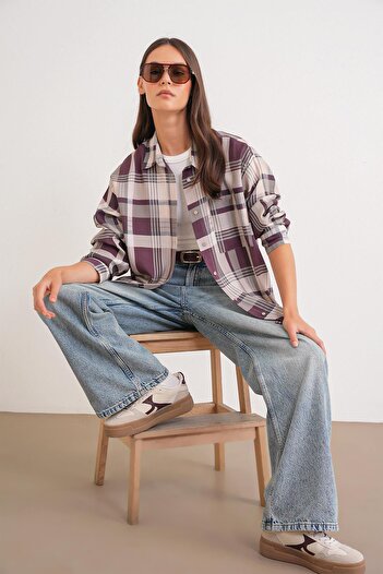 Mixray 4752 Women's Oversize Plaid Shirt Burgundy