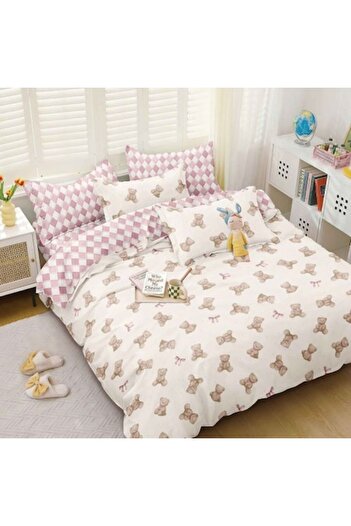 Casa de Vis Set lenjerie de pat dublu, bumbac satinat, 220 x 230 cm, 4 piese, multicolor