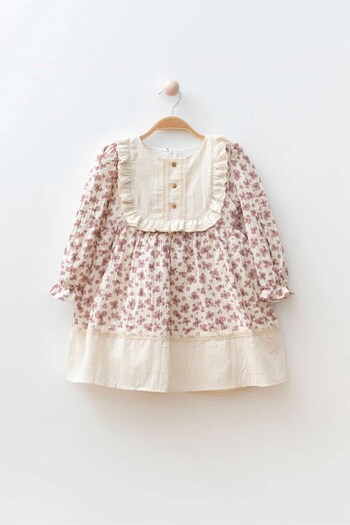 Banamio Elias Baby Girl Floral Patterned Linen Collar Lined Muslin Dress with Ruffle Detail