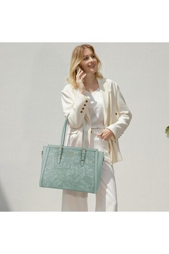 Mosiso Laptop Bag for Women, PU Leather Tote Bag, Front Embossed Retro Hibiscus Computer Bag with Si