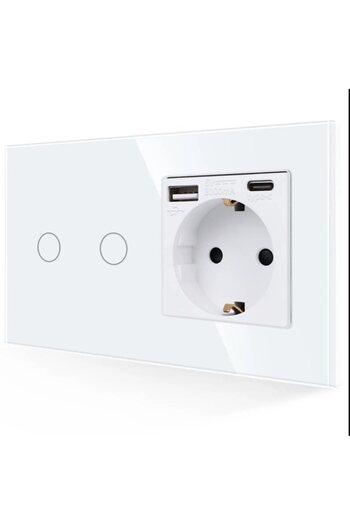 Bingoelec Intrerupator 4 M (2+2 M) 2 butoane cap-scara/cap-cruce cu priza Shuko cu USB A+C Port 3,1 A, 20 W Fa