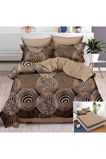 OEM Bed linen, 2 persons, finet, 6 pieces, with elastic, brown and cream, with circles, LEL140