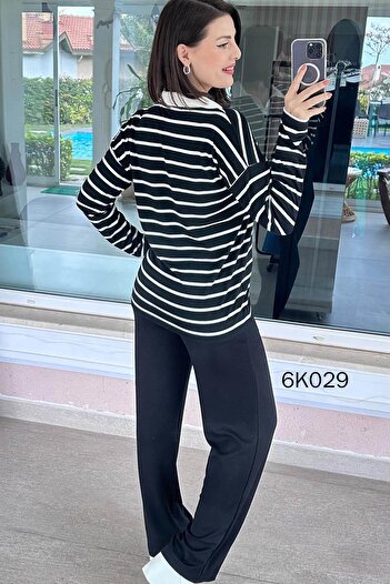 İnce Topuk Striped Polo Neck Suit 6K029