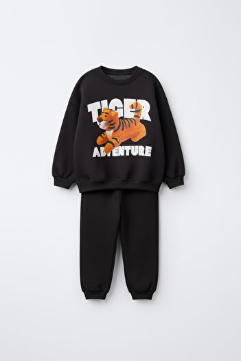 Magu Boys' Cotton Black Tiger Printed Sweatshirt and Sweatpants Set