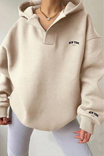 NO 601 Women's Beige New York Usa Printed Patch Hooded Sweatshirt