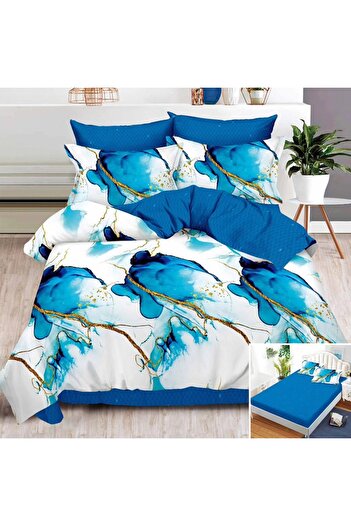 OEM Bed linen, 2 people, finet, 6 pieces, with elastic, blue and white, with Printed, LEL365