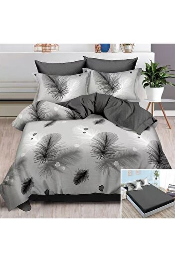 OEM Bed linen, 2 persons, finet, 6 pieces, with elastic, gray, feather print, LEL496