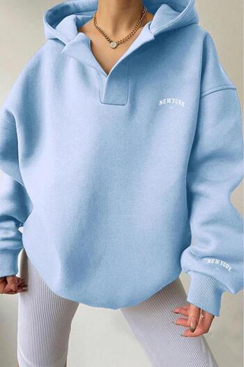 NO 601 Women's Baby Blue New York Usa Printed Patchwork Low-Cut Hooded Sweatshirt
