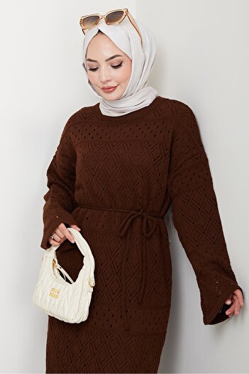 Bestenur Dantel Motifli Astarlı Triko Elbise 1601 - Acı Kahve