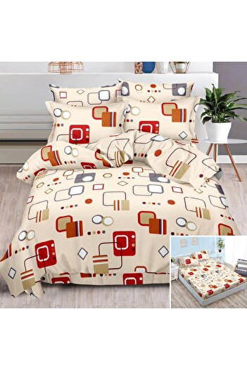 OEM Bed linen, 2 persons, finet, 6 pieces, with elastic, cream, with geometric shapes, LEL136