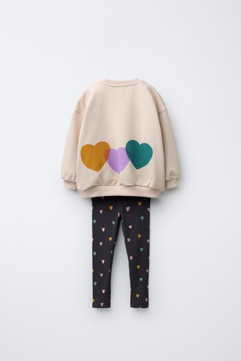 Magu Girl's Cotton Beige Heart Sweatshirt and Colorful Heart Black Leggings Set