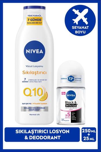 NIVEA Q10 Sıkılaştırıcı Vücut Losyonu 250ml ve Kadın Roll-on Deodorant Black&White Invisible Clear 2