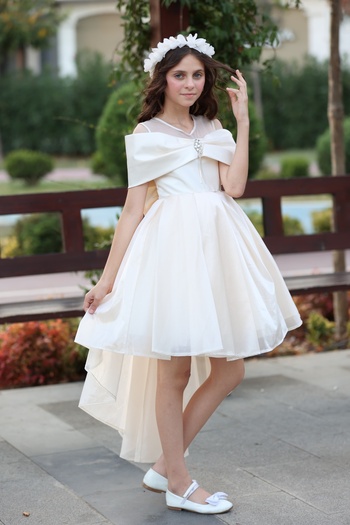 MİSS RAİN Short Front Long Back Madonna Collar Look Bow Stone Accessory Detail Girl's Evening Dress